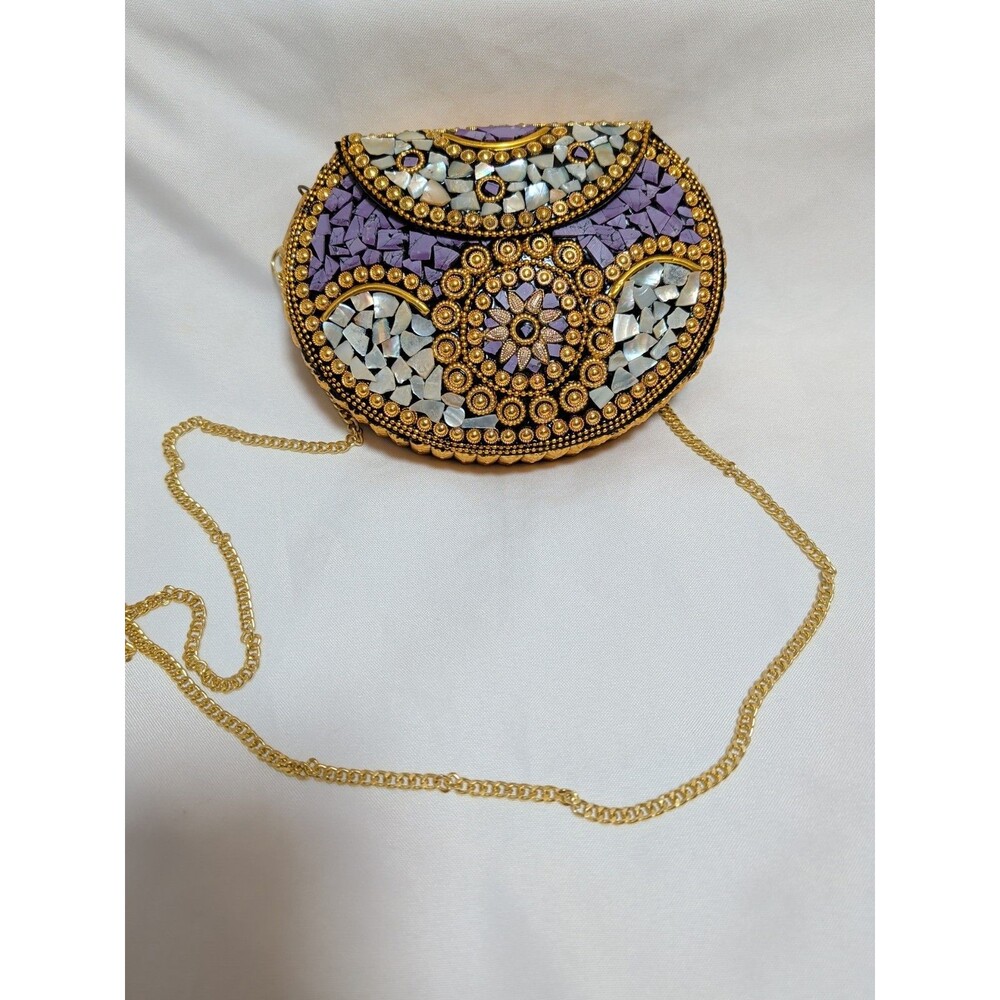 Ramla "Beverly Hills" Handmade Mosaic Beaded Crossbody Bag Gold Purple Chain
